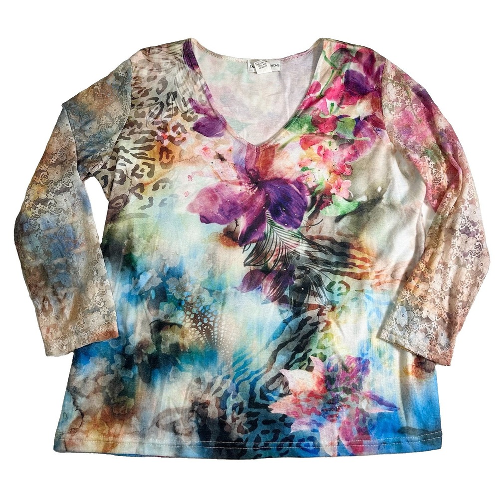 Drapers & Damons XL Watercolor Floral Artsy Fairy Lace Sleeves Whimsical Top